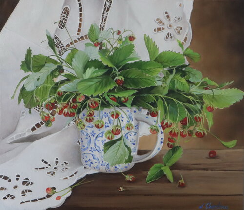 Bouquet of wild strawberry branches in a cup on a rustic wooden table di Nataliia Shaikina, Pittura in vendita su Singulart