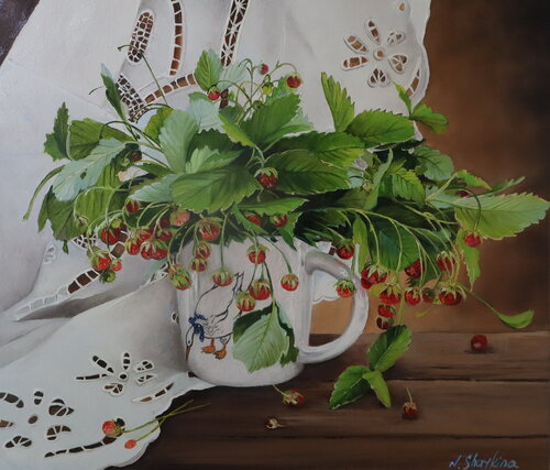 Wild strawberry bunch in cup, Goose Mug by Nataliia Shaikina, Painting for Sale on Singulart