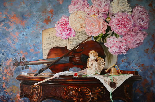 Still life with pink peonies and Violin, Music Room Wall Art - Musical Instruments And Notes von Nataliia Shaikina, Malerei kaufen auf Singulart