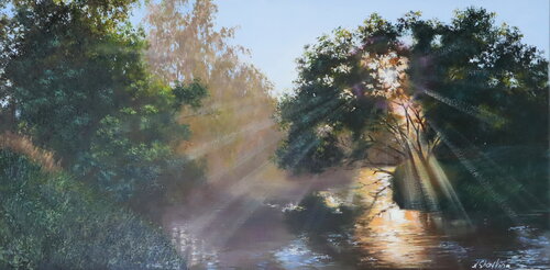 Original landscape painting with river reflections Woodland scene wall art sunlight through trees Canvas art with misty morning atmosphere Nataliia Shaikina