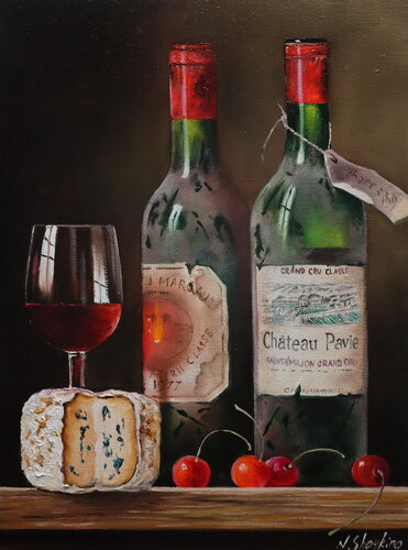 Winery Art, Bottle of Wine with Wine Glass Oil Painting, Kitchen Decor, Wine Still Life Original Art Canvas, Wine Lover Gift, Bar Wall Art von Nataliia Shaikina, Malerei kaufen auf Singulart