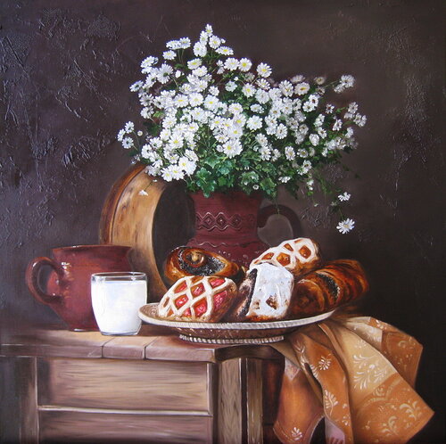 pastries and sweets against the backdrop of wildflowers di Nataliia Shaikina, Pittura in vendita su Singulart