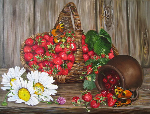 Basket of Strawberries Painting Oil Original, Strawberry Painting Red Berry Canvas Wall Art, Rustic Still life Painting, Kitchen Wall Decor di Nataliia Shaikina, Pittura in vendita su Singulart