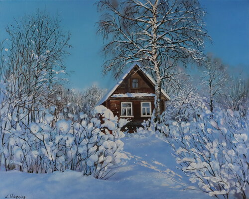 Winter Farm, Rural Landscape painting original von Nataliia Shaikina, Malerei kaufen auf Singulart