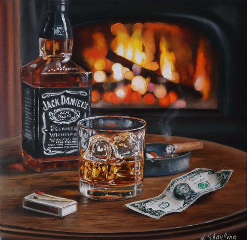 WHISKEY PAINTING, Cozy evening, Original painting oil on canvas van Nataliia Shaikina, Schilderij te koop op Singulart