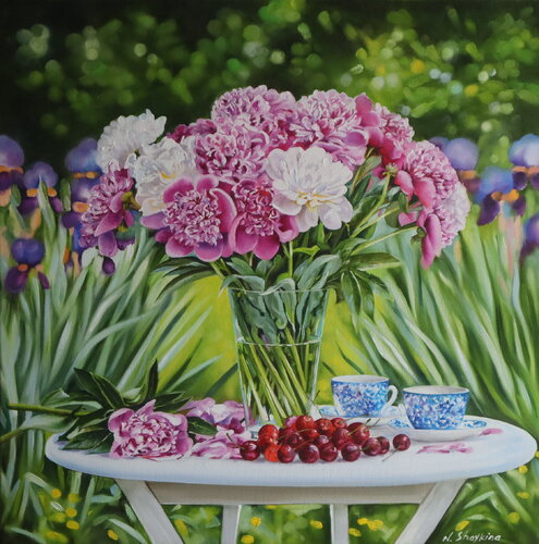 Peonies and Irises in garden. Summertime von Nataliia Shaikina, Malerei kaufen auf Singulart