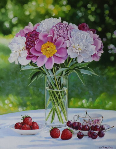 Peonies and Irises in garden. Summertime di Nataliia Shaikina, Pittura in vendita su Singulart