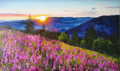 Sunset over the Purple Meadows di Nataliia Shaikina, Pittura in vendita su Singulart