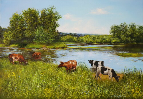 Cows by the Riverside von Nataliia Shaikina, Malerei kaufen auf Singulart