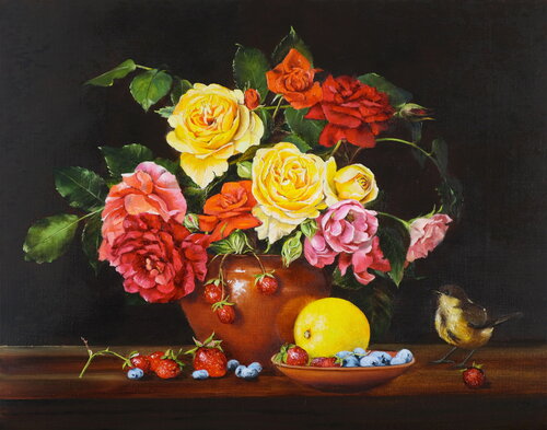 Garden Roses with Berries and Little Bird Nataliia Shaikina