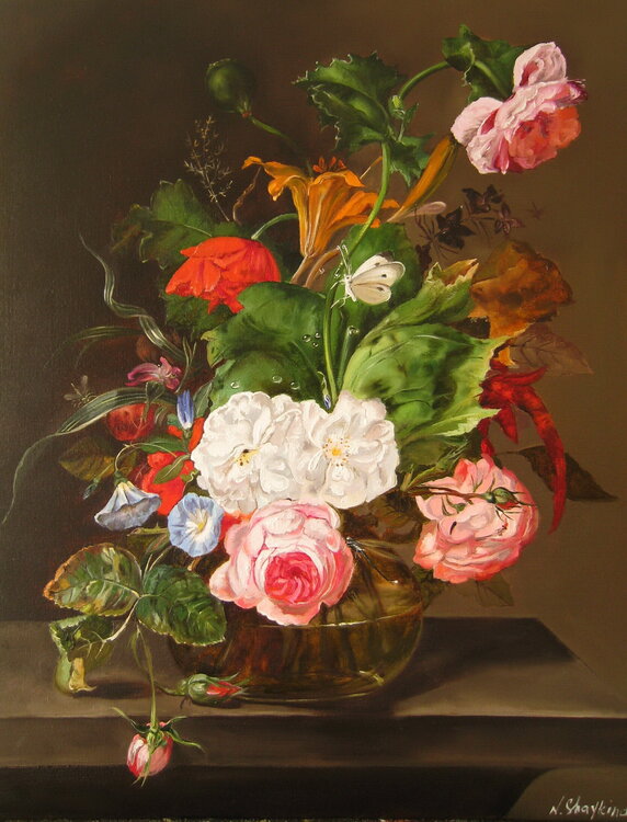 Bouquet of flowers in a glass vase. Dutch Still Life Nataliia Shaikina