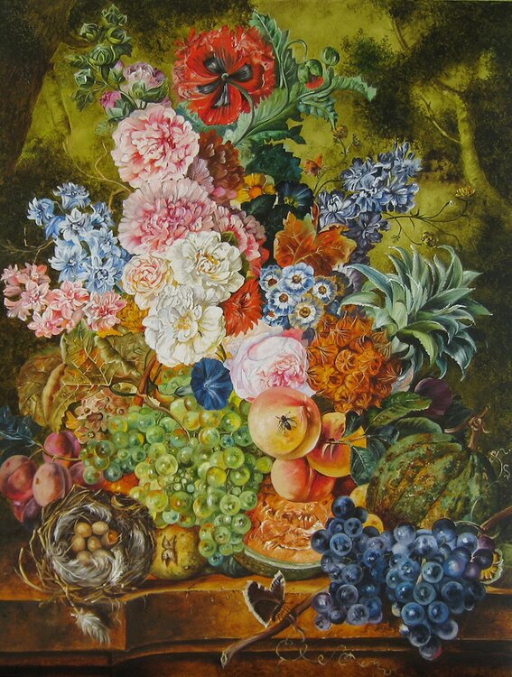 Botanical Still Life Painting, Large Floral Art on Canvas, Realistic Fruits & Flowers, Farmhouse Chic Wall Decor Nataliia Shaikina