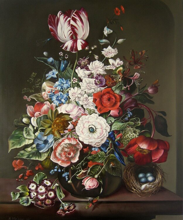 Bouquet of flowers in a glass vase, Old Master Style Nataliia Shaikina