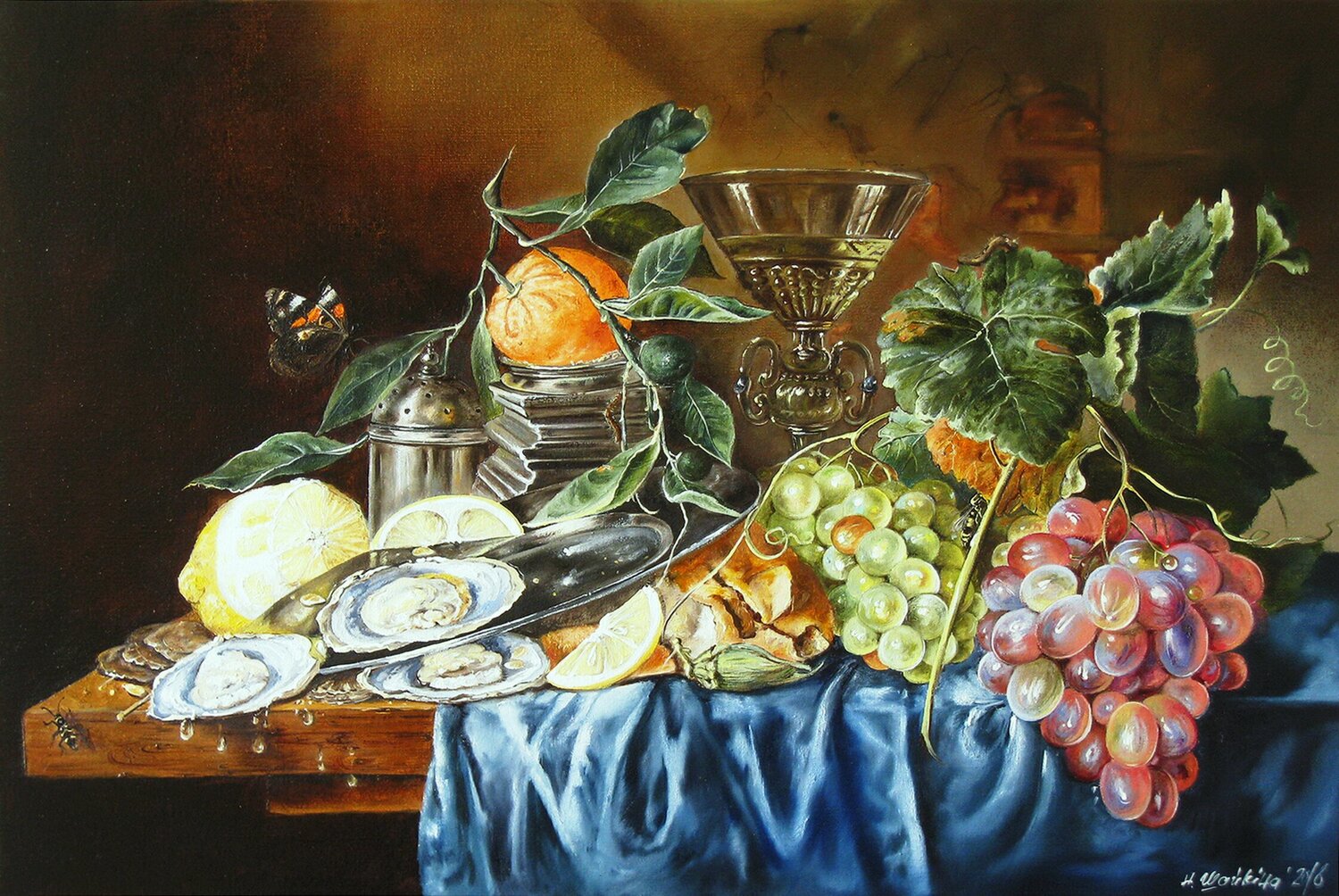 Still Life with Mandarin and Oysters Nataliia Shaikina Originalgemälde zu verkaufen