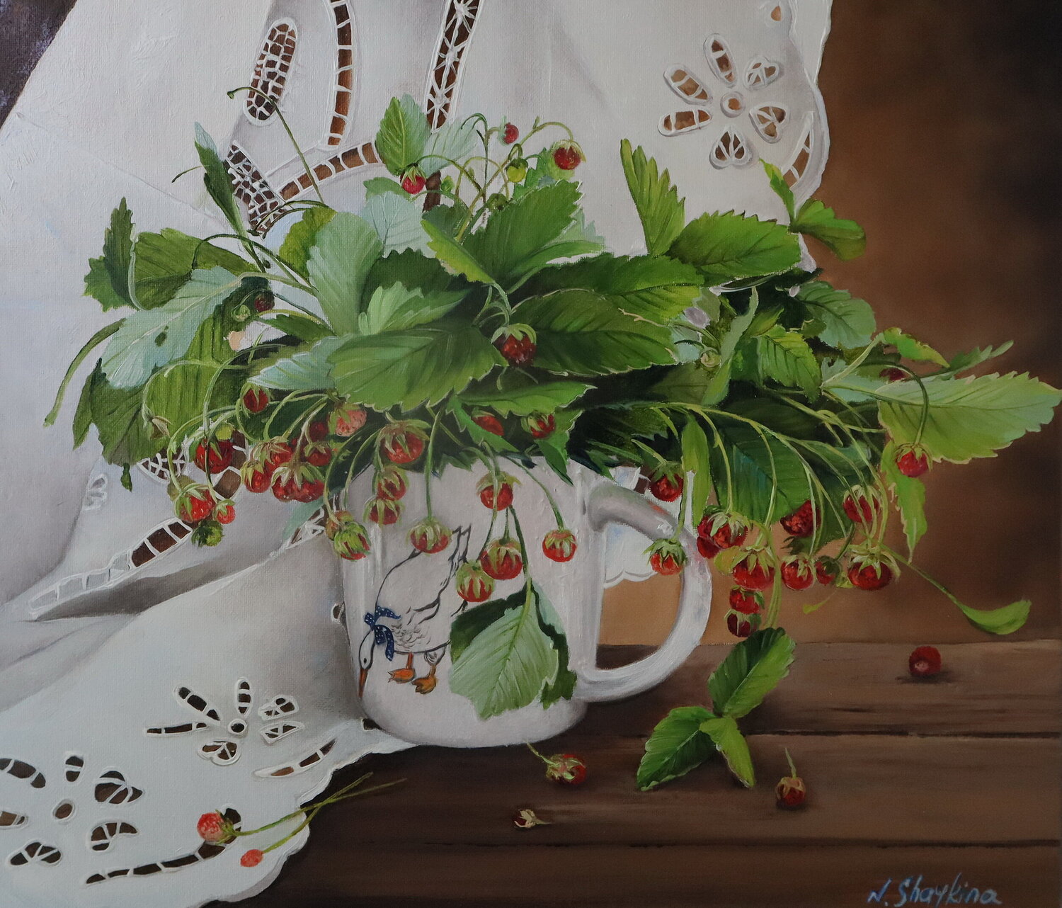 Wild strawberry bunch in cup, Goose Mug Nataliia Shaikina