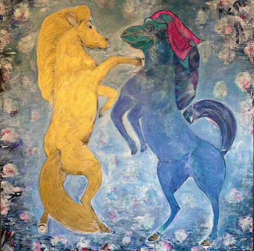 Gold und Blau im Dialog van Nicoleta Albei-Wigger, Schilderij te koop op Singulart