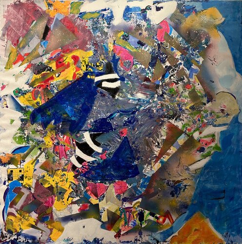 Farbenrausch abstrakt blau, gelb, pink van Nicoleta Albei-Wigger, Schilderij te koop op Singulart