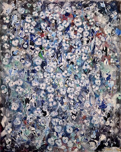 Winterblüten – Abstrakte Malerei in Blau und Weiß di Nicoleta Albei-Wigger, Pittura in vendita su Singulart