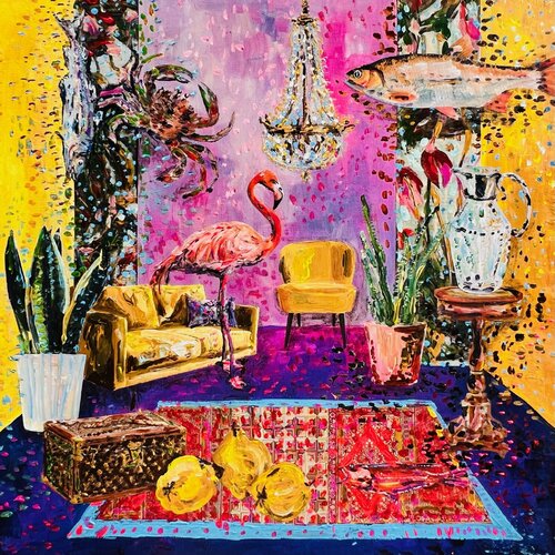 Tropisches Interieur mit Flamingo, Krabbe, Glaskrug, Kronleuchter, Quitten und Louis Vuitton Koffer von Stephanie Bing, Malerei kaufen auf Singulart