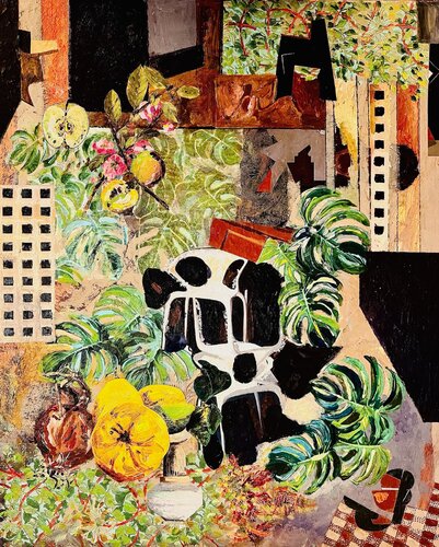 Apfel und Quitte mit Monstera Fensterblatt van Stephanie Bing, Schilderij te koop op Singulart