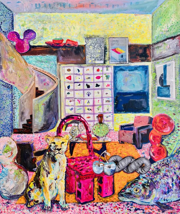 Yellow Lioness with Carp, Blue Cherries & Pink Chair Stephanie Bing
