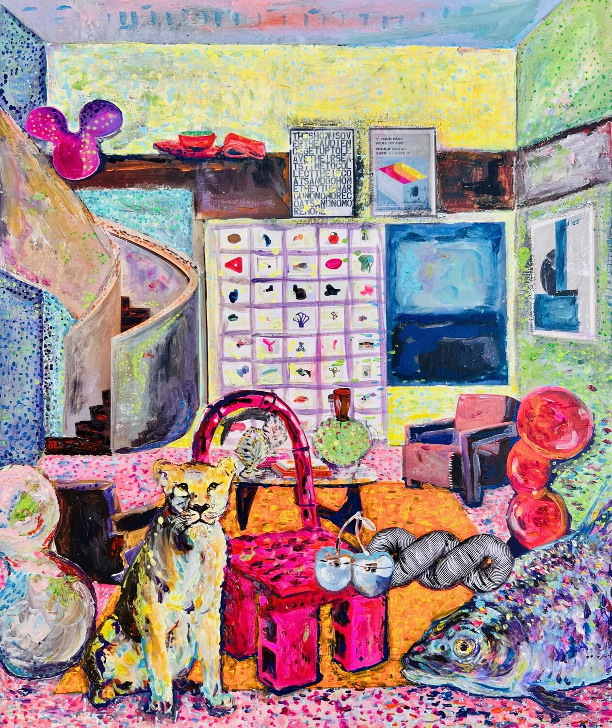Yellow Lioness with Carp, Blue Cherries & Pink Chair Stephanie Bing Originalgemälde zu verkaufen