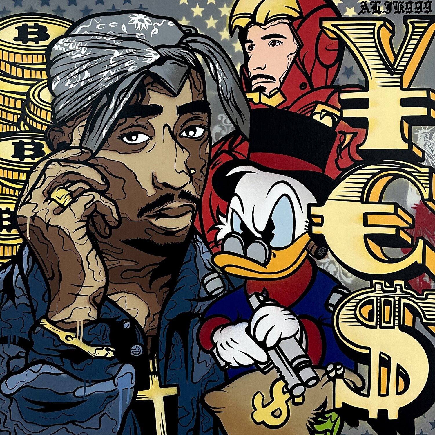 2PAC & SCROOGE MCDUCK X IRON MAN by Alik Bilialov (2023) Painting