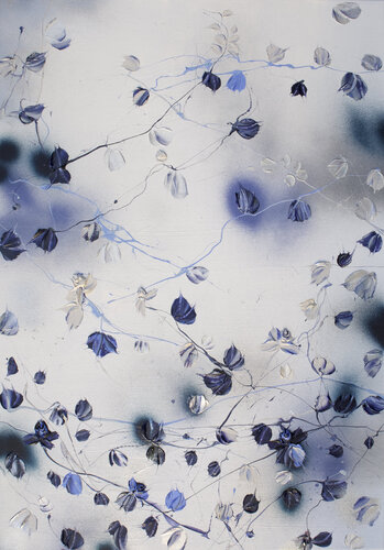 “Moonlight” silver, gold, blue floral painting van Anastassia Skopp, Schilderij te koop op Singulart