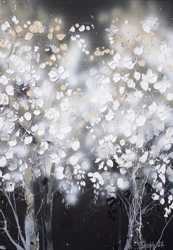 “Silver Night" white black silver trees artwork van Anastassia Skopp, Schilderij te koop op Singulart