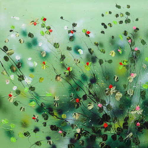 "Akai Hanabira" modern textured green floral painting Anastassia Skopp