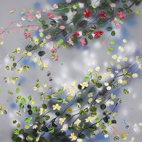 "Blooms after Rain" grey floral textured painting Anastassia Skopp