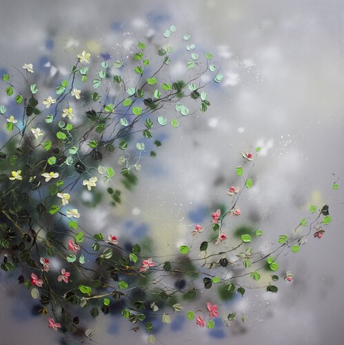 "Floral Spaciousness" extra large square grey painting on canvas Anastassia Skopp