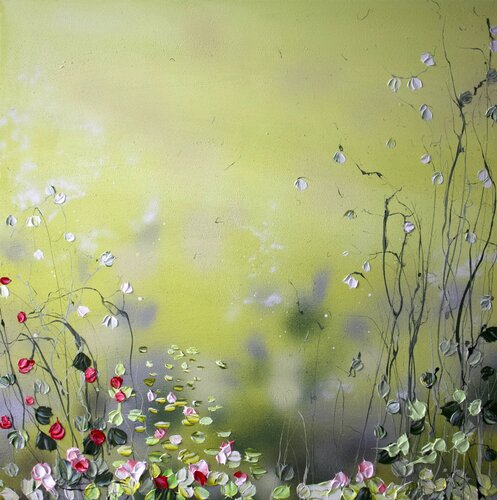 "Lily Pond In Yellow" textured square painting van Anastassia Skopp, Schilderij te koop op Singulart