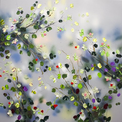 "Happy Blooms" square floral painting de Anastassia Skopp, Pintura a la venta en Singulart