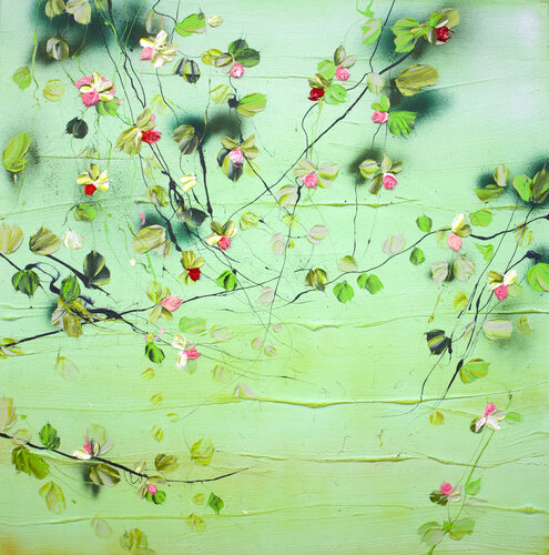 Light green textured painting with flowers "Bohemian Day" Anastassia Skopp