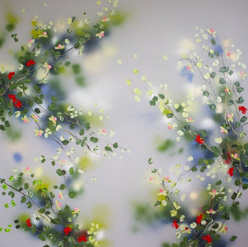 "Floral Spaciousness II" extra large square grey painting on canvas van Anastassia Skopp, Schilderij te koop op Singulart