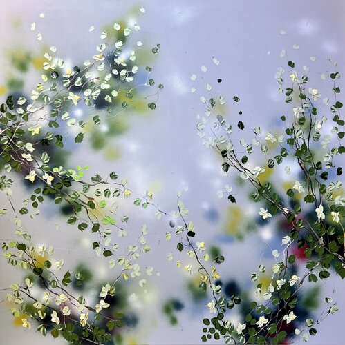 "Yellow Roses" extra large square grey painting on canvas Anastassia Skopp