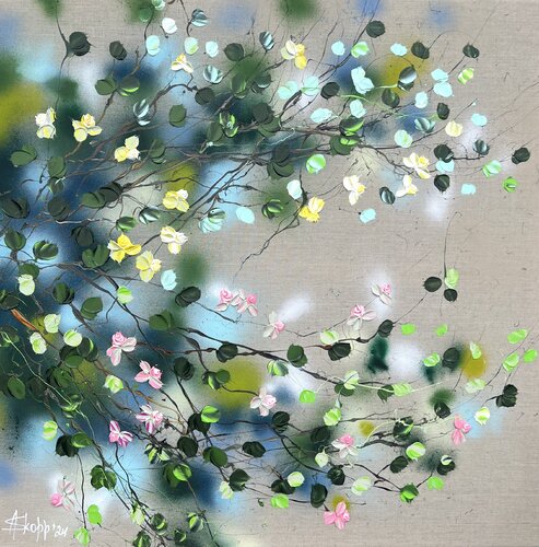 "Pink and Yellow” square floral painting Anastassia Skopp