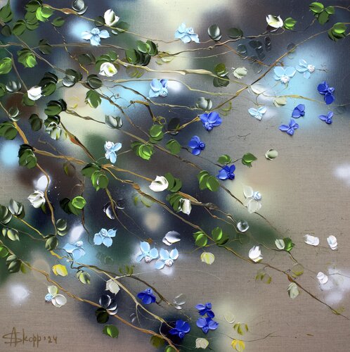 Ikebana - blue impasto roses on linen Anastassia Skopp