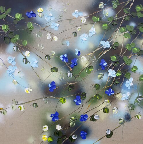 Ikebana I - blue impasto roses on linen de Anastassia Skopp, Pintura a la venta en Singulart