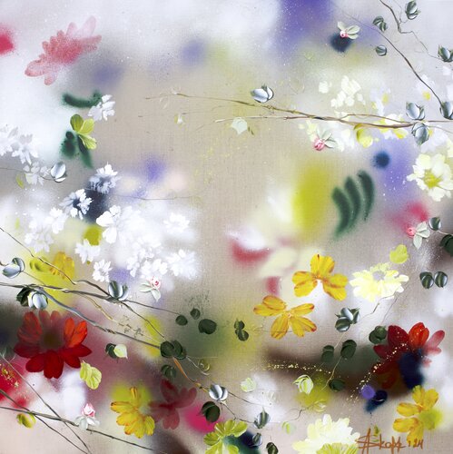 Kaori I - colorful textured flowers on linen van Anastassia Skopp, Schilderij te koop op Singulart