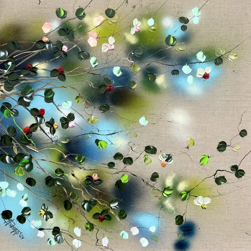 Calm in Petals - square textured garden art on linen van Anastassia Skopp, Schilderij te koop op Singulart