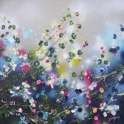 Evening Garden- square textured floral art on linen van Anastassia Skopp, Schilderij te koop op Singulart