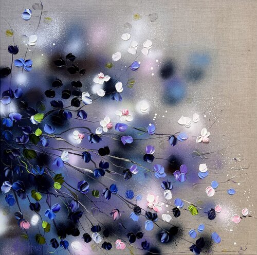 Blue-Violet Rose Bush - square textured floral art on linen von Anastassia Skopp, Malerei kaufen auf Singulart