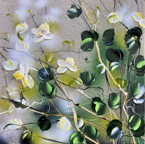 Garden Flowers III - yellow roses on linen by Anastassia Skopp, Painting for Sale on Singulart