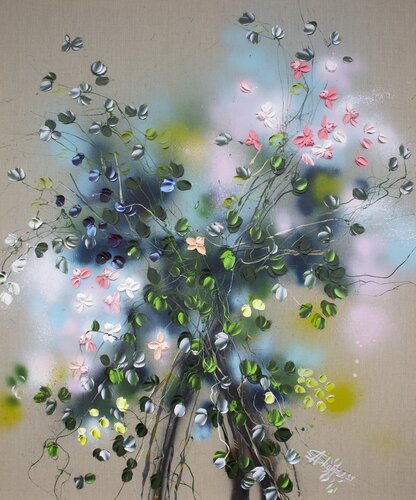 "Two Peach Roses“ Large floral painting van Anastassia Skopp, Schilderij te koop op Singulart