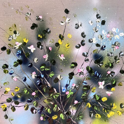 Poesia - square textured floral art on linen van Anastassia Skopp, Schilderij te koop op Singulart