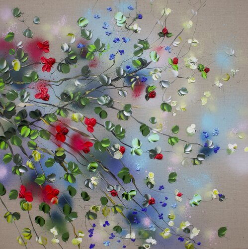 Tranquil Retreat - square textured floral art on linen van Anastassia Skopp, Schilderij te koop op Singulart
