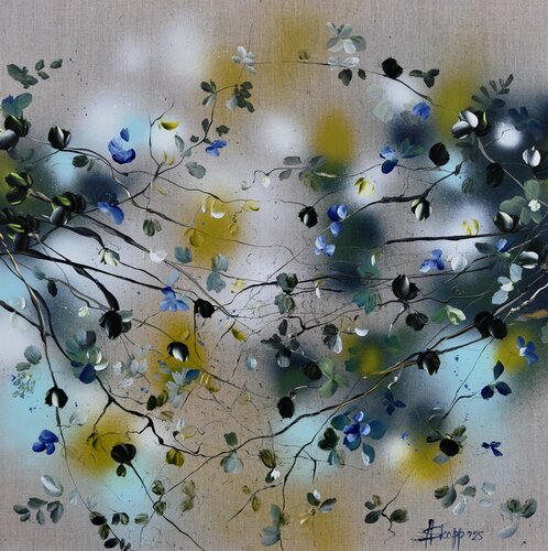 Breathing In - square textured floral art on linen van Anastassia Skopp, Schilderij te koop op Singulart