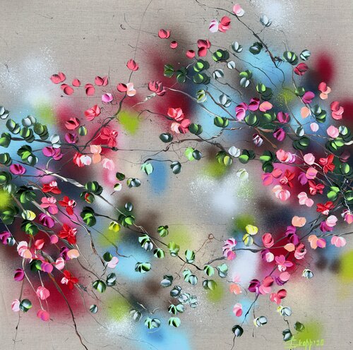 "Zen Blossoms” large colorful floral painting van Anastassia Skopp, Schilderij te koop op Singulart